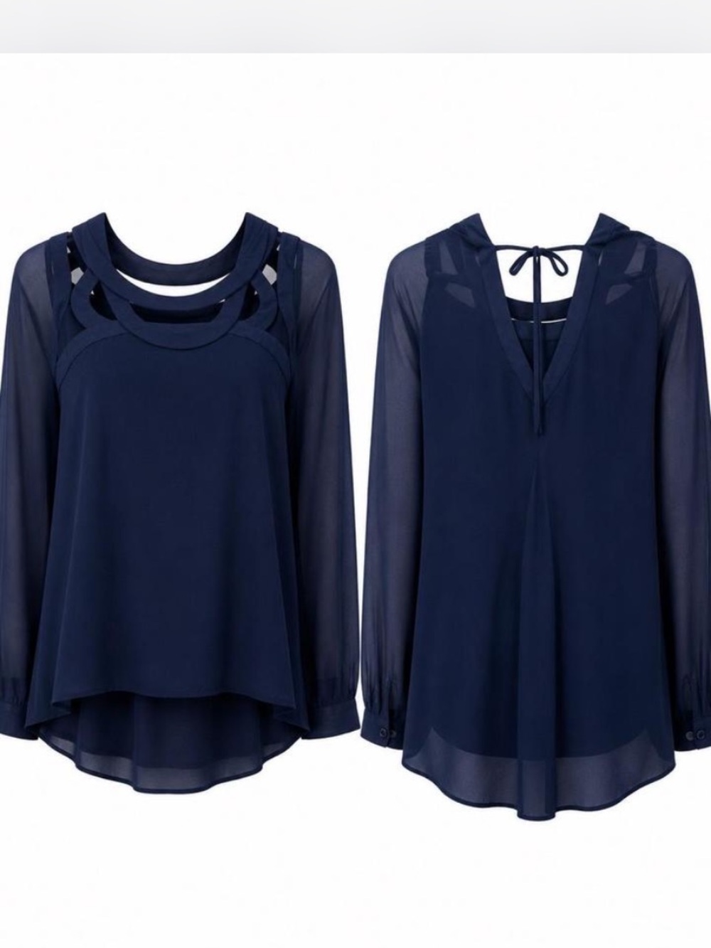 Naked Zebra Navy Cutout Tie-Back Sheer Sleeve Blouse